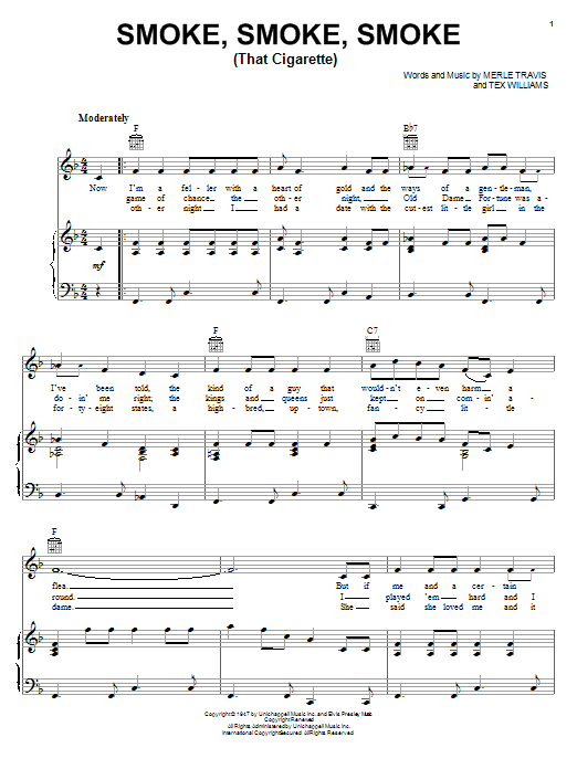 Tex Williams Smoke, Smoke, Smoke (That Cigarette) sheet music, chords, lyrics - Printable PDF for Piano, Vocal & Guitar (Right-Hand Melody)