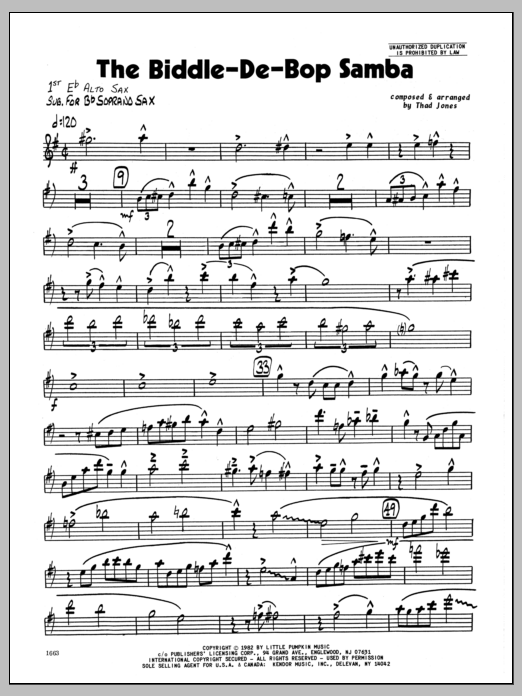 Learn to play Thad Jones Biddle-De-Bop Samba, The - 1st Eb Alto Saxophone sheet music for Jazz Ensemble in minutes. Thad Jones Biddle-De-Bop Samba, The - 1st Eb Alto Saxophone sheet music preview music notes and score for Jazz Ensemble including 4 page(s)