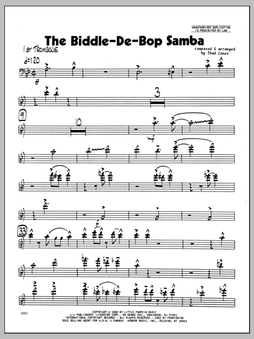 Learn to play Thad Jones Biddle-De-Bop Samba, The - 1st Trombone sheet music for Jazz Ensemble in minutes. Thad Jones Biddle-De-Bop Samba, The - 1st Trombone sheet music preview music notes and score for Jazz Ensemble including 4 page(s)