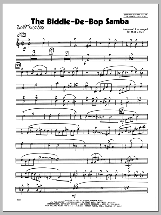 Learn to play Thad Jones Biddle-De-Bop Samba, The - 2nd Bb Tenor Saxophone sheet music for Jazz Ensemble in minutes. Thad Jones Biddle-De-Bop Samba, The - 2nd Bb Tenor Saxophone sheet music preview music notes and score for Jazz Ensemble including 2 page(s)