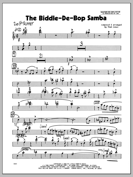 Learn to play Thad Jones Biddle-De-Bop Samba, The - 2nd Bb Trumpet sheet music for Jazz Ensemble in minutes. Thad Jones Biddle-De-Bop Samba, The - 2nd Bb Trumpet sheet music preview music notes and score for Jazz Ensemble including 2 page(s)