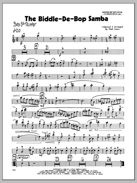 Learn to play Thad Jones Biddle-De-Bop Samba, The - 3rd Bb Trumpet sheet music for Jazz Ensemble in minutes. Thad Jones Biddle-De-Bop Samba, The - 3rd Bb Trumpet sheet music preview music notes and score for Jazz Ensemble including 3 page(s)