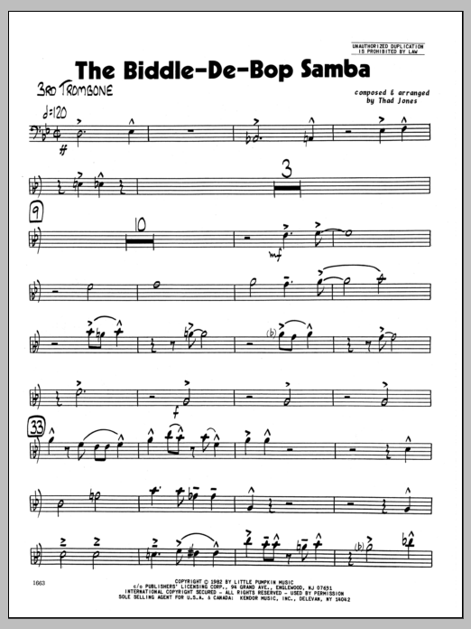Learn to play Thad Jones Biddle-De-Bop Samba, The - 3rd Trombone sheet music for Jazz Ensemble in minutes. Thad Jones Biddle-De-Bop Samba, The - 3rd Trombone sheet music preview music notes and score for Jazz Ensemble including 4 page(s)