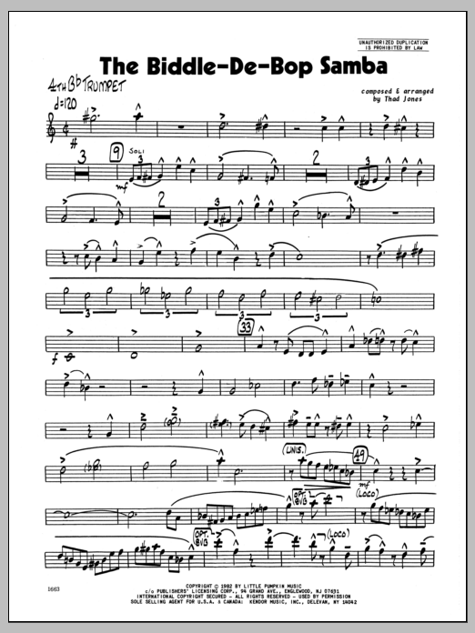 Learn to play Thad Jones Biddle-De-Bop Samba, The - 4th Bb Trumpet sheet music for Jazz Ensemble in minutes. Thad Jones Biddle-De-Bop Samba, The - 4th Bb Trumpet sheet music preview music notes and score for Jazz Ensemble including 4 page(s)