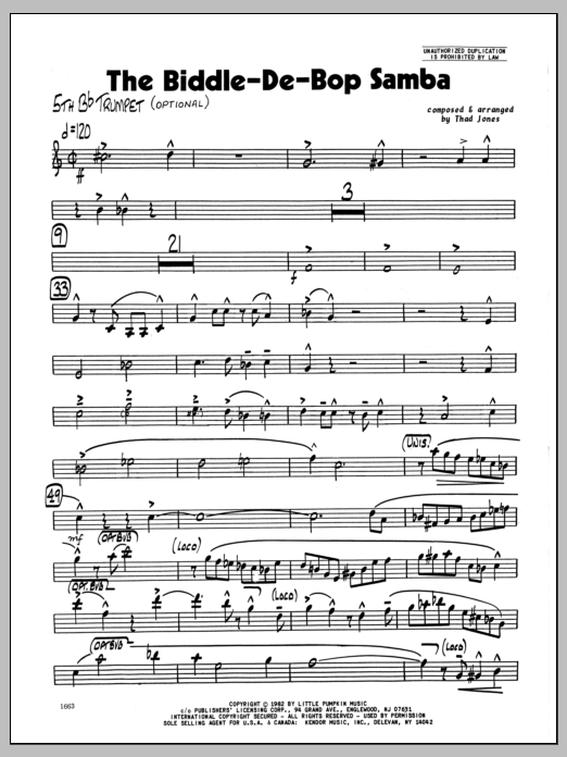 Learn to play Thad Jones Biddle-De-Bop Samba, The - 5th Bb Trumpet sheet music for Jazz Ensemble in minutes. Thad Jones Biddle-De-Bop Samba, The - 5th Bb Trumpet sheet music preview music notes and score for Jazz Ensemble including 2 page(s)