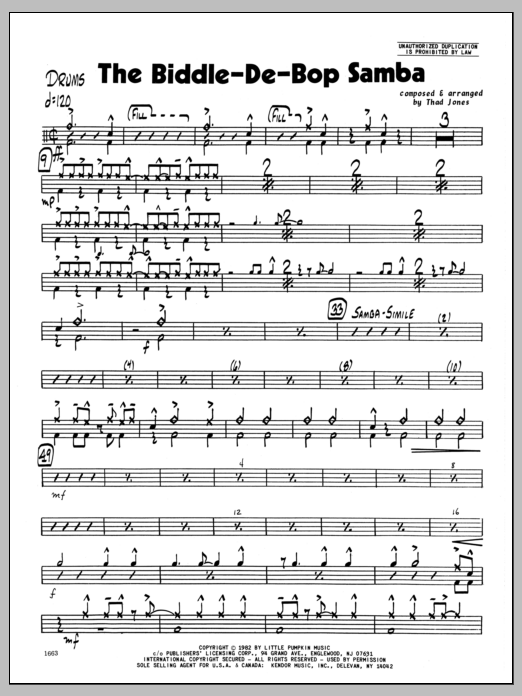 Learn to play Thad Jones Biddle-De-Bop Samba, The - Drums sheet music for Jazz Ensemble in minutes. Thad Jones Biddle-De-Bop Samba, The - Drums sheet music preview music notes and score for Jazz Ensemble including 3 page(s)
