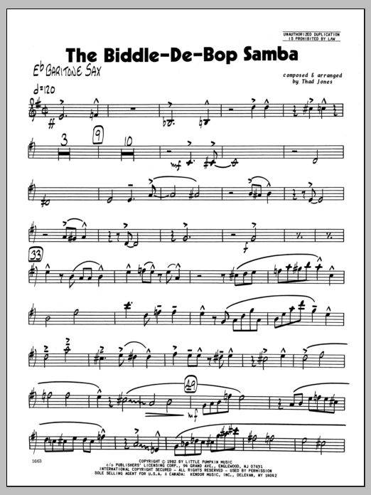 Learn to play Thad Jones Biddle-De-Bop Samba, The - Eb Baritone Sax sheet music for Jazz Ensemble in minutes. Thad Jones Biddle-De-Bop Samba, The - Eb Baritone Sax sheet music preview music notes and score for Jazz Ensemble including 4 page(s)