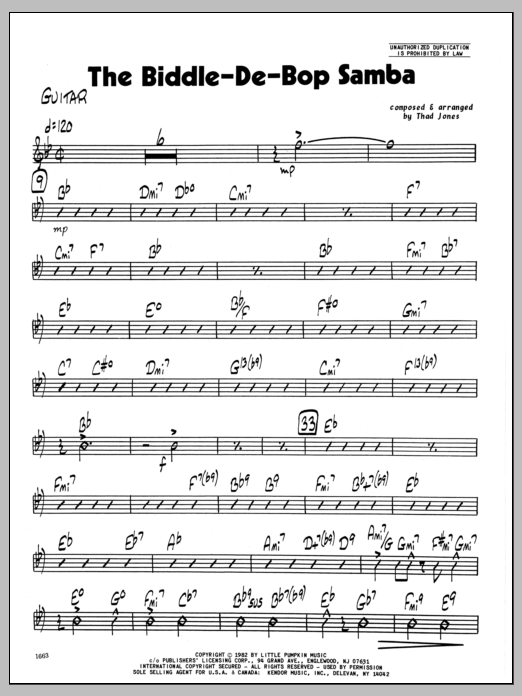 Learn to play Thad Jones Biddle-De-Bop Samba, The - Guitar sheet music for Jazz Ensemble in minutes. Thad Jones Biddle-De-Bop Samba, The - Guitar sheet music preview music notes and score for Jazz Ensemble including 4 page(s)