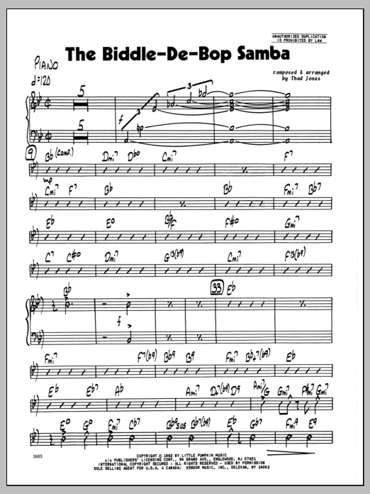 Learn to play Thad Jones Biddle-De-Bop Samba, The - Piano sheet music for Jazz Ensemble in minutes. Thad Jones Biddle-De-Bop Samba, The - Piano sheet music preview music notes and score for Jazz Ensemble including 4 page(s)