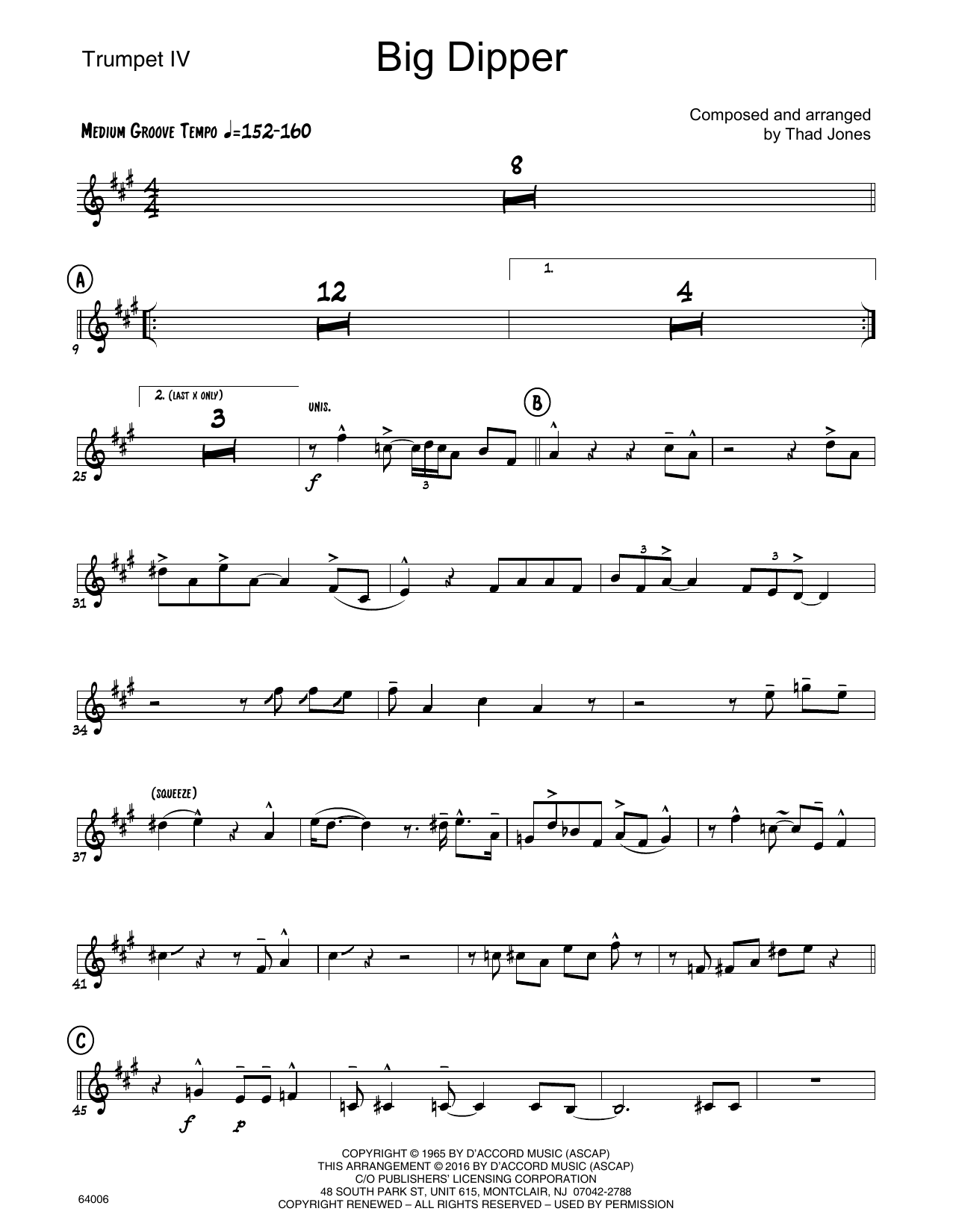 Learn to play Thad Jones Big Dipper - 4th Bb Trumpet sheet music for Jazz Ensemble in minutes. Thad Jones Big Dipper - 4th Bb Trumpet sheet music preview music notes and score for Jazz Ensemble including 2 page(s)