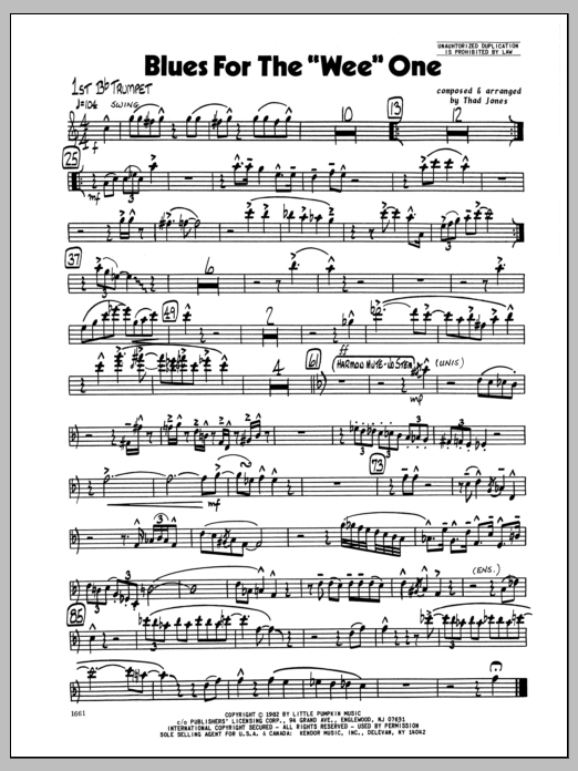 Learn to play Thad Jones Blues For The 'Wee' One - 1st Bb Trumpet sheet music for Jazz Ensemble in minutes. Thad Jones Blues For The 'Wee' One - 1st Bb Trumpet sheet music preview music notes and score for Jazz Ensemble including 2 page(s)