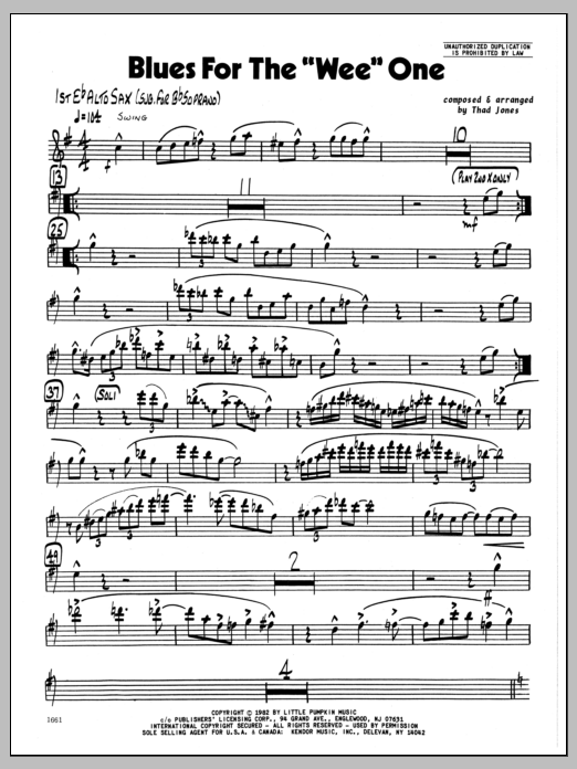 Learn to play Thad Jones Blues For The 'Wee' One - 1st Eb Alto Saxophone sheet music for Jazz Ensemble in minutes. Thad Jones Blues For The 'Wee' One - 1st Eb Alto Saxophone sheet music preview music notes and score for Jazz Ensemble including 2 page(s)