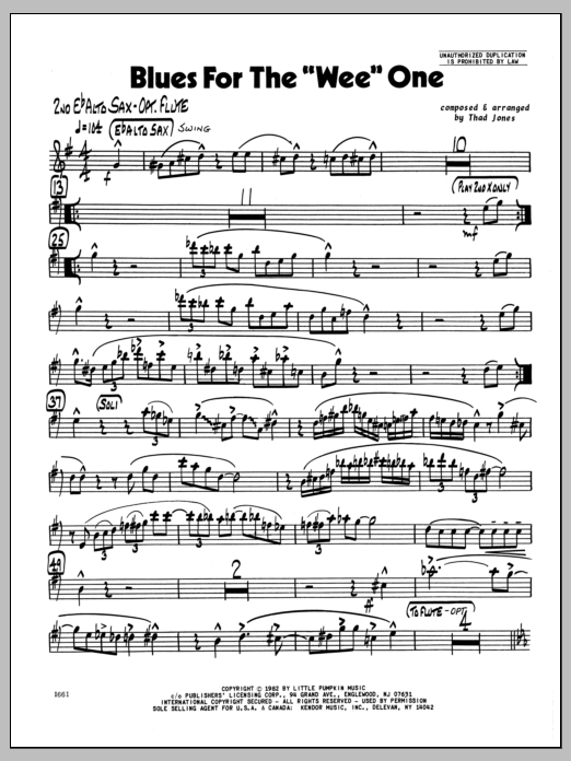 Learn to play Thad Jones Blues For The 'Wee' One - 2nd Eb Alto Saxophone sheet music for Jazz Ensemble in minutes. Thad Jones Blues For The 'Wee' One - 2nd Eb Alto Saxophone sheet music preview music notes and score for Jazz Ensemble including 2 page(s)