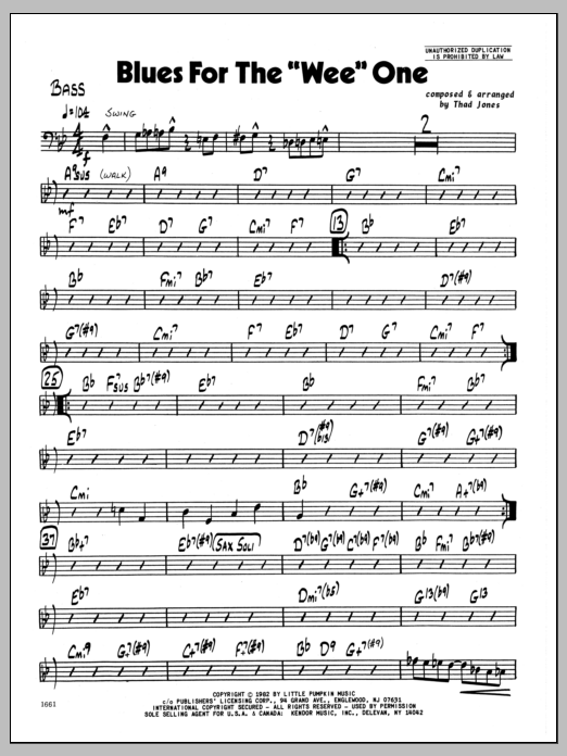 Learn to play Thad Jones Blues For The 'Wee' One - Bass sheet music for Jazz Ensemble in minutes. Thad Jones Blues For The 'Wee' One - Bass sheet music preview music notes and score for Jazz Ensemble including 2 page(s)