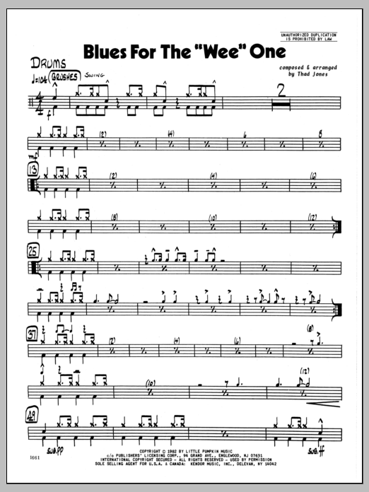 Learn to play Thad Jones Blues For The 'Wee' One - Drums sheet music for Jazz Ensemble in minutes. Thad Jones Blues For The 'Wee' One - Drums sheet music preview music notes and score for Jazz Ensemble including 2 page(s)