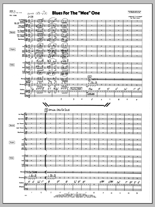 Learn to play Thad Jones Blues For The 'Wee' One - Full Score sheet music for Jazz Ensemble in minutes. Thad Jones Blues For The 'Wee' One - Full Score sheet music preview music notes and score for Jazz Ensemble including 6 page(s)