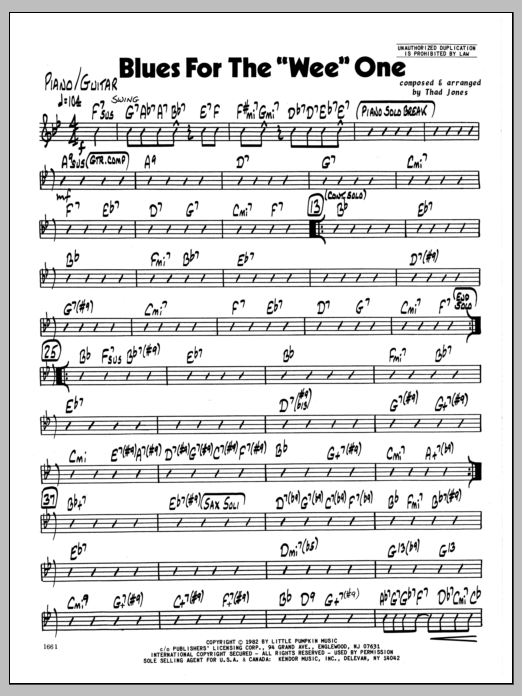 Learn to play Thad Jones Blues For The 'Wee' One - Piano sheet music for Jazz Ensemble in minutes. Thad Jones Blues For The 'Wee' One - Piano sheet music preview music notes and score for Jazz Ensemble including 2 page(s)