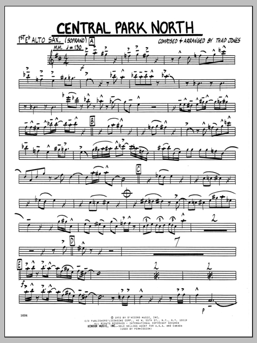 Learn to play Thad Jones Central Park North - 1st Eb Alto Saxophone sheet music for Jazz Ensemble in minutes. Thad Jones Central Park North - 1st Eb Alto Saxophone sheet music preview music notes and score for Jazz Ensemble including 2 page(s)