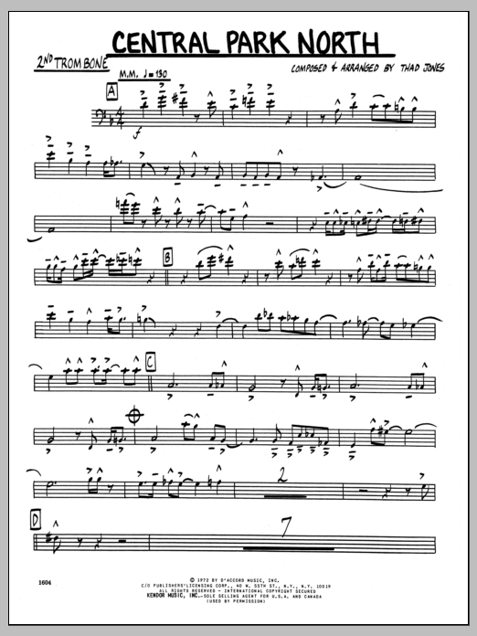 Learn to play Thad Jones Central Park North - 2nd Trombone sheet music for Jazz Ensemble in minutes. Thad Jones Central Park North - 2nd Trombone sheet music preview music notes and score for Jazz Ensemble including 3 page(s)