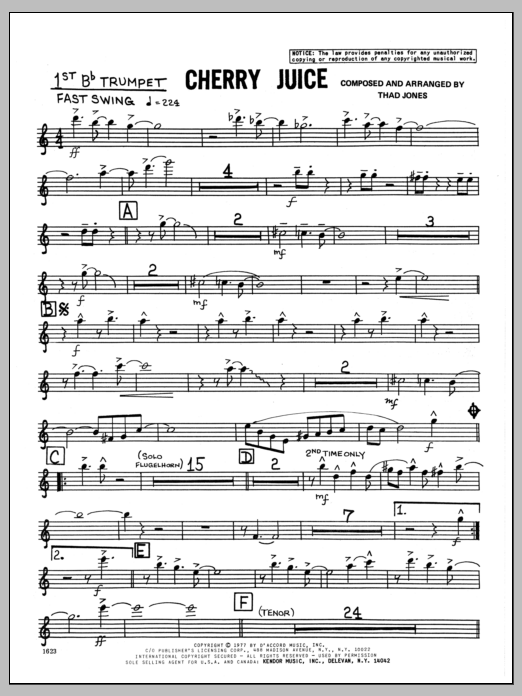 Learn to play Thad Jones Cherry Juice - 1st Bb Trumpet sheet music for Jazz Ensemble in minutes. Thad Jones Cherry Juice - 1st Bb Trumpet sheet music preview music notes and score for Jazz Ensemble including 3 page(s)