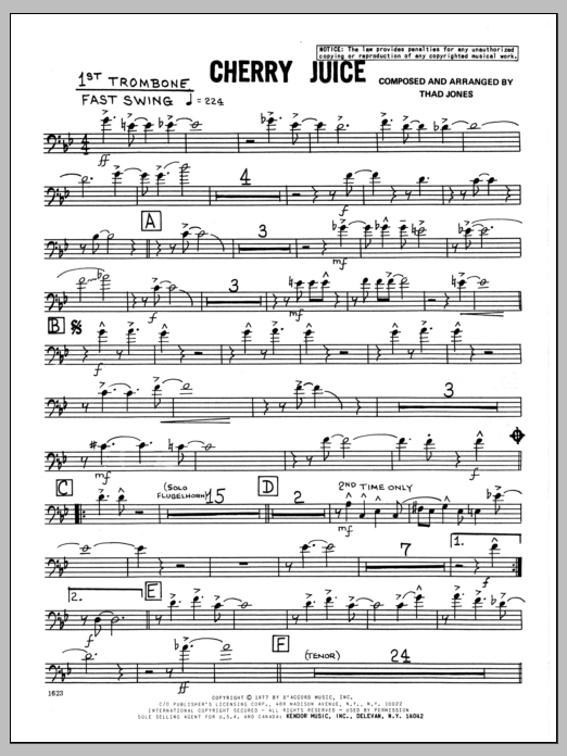 Learn to play Thad Jones Cherry Juice - 1st Trombone sheet music for Jazz Ensemble in minutes. Thad Jones Cherry Juice - 1st Trombone sheet music preview music notes and score for Jazz Ensemble including 3 page(s)