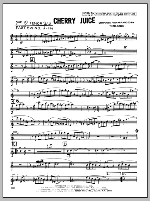 Learn to play Thad Jones Cherry Juice - 2nd Bb Tenor Saxophone sheet music for Jazz Ensemble in minutes. Thad Jones Cherry Juice - 2nd Bb Tenor Saxophone sheet music preview music notes and score for Jazz Ensemble including 4 page(s)