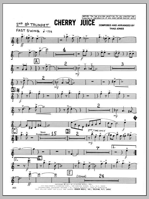 Learn to play Thad Jones Cherry Juice - 2nd Bb Trumpet sheet music for Jazz Ensemble in minutes. Thad Jones Cherry Juice - 2nd Bb Trumpet sheet music preview music notes and score for Jazz Ensemble including 3 page(s)