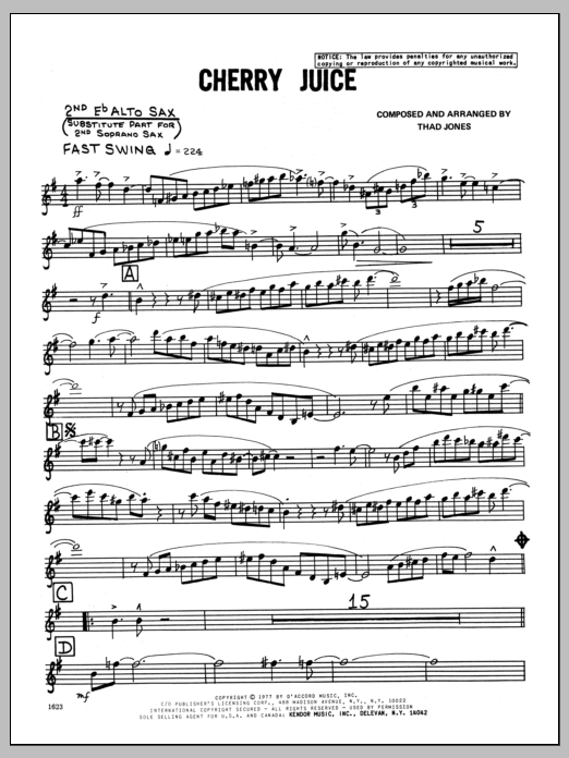 Learn to play Thad Jones Cherry Juice - 2nd Eb Alto Saxophone sheet music for Jazz Ensemble in minutes. Thad Jones Cherry Juice - 2nd Eb Alto Saxophone sheet music preview music notes and score for Jazz Ensemble including 4 page(s)