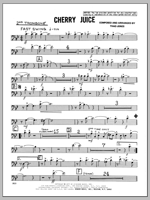 Learn to play Thad Jones Cherry Juice - 2nd Trombone sheet music for Jazz Ensemble in minutes. Thad Jones Cherry Juice - 2nd Trombone sheet music preview music notes and score for Jazz Ensemble including 3 page(s)