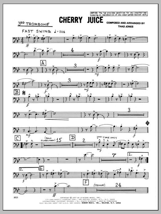 Learn to play Thad Jones Cherry Juice - 3rd Trombone sheet music for Jazz Ensemble in minutes. Thad Jones Cherry Juice - 3rd Trombone sheet music preview music notes and score for Jazz Ensemble including 3 page(s)