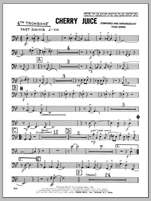 Learn to play Thad Jones Cherry Juice - 4th Trombone sheet music for Jazz Ensemble in minutes. Thad Jones Cherry Juice - 4th Trombone sheet music preview music notes and score for Jazz Ensemble including 3 page(s)