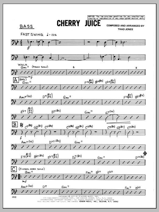 Learn to play Thad Jones Cherry Juice - Bass sheet music for Jazz Ensemble in minutes. Thad Jones Cherry Juice - Bass sheet music preview music notes and score for Jazz Ensemble including 4 page(s)