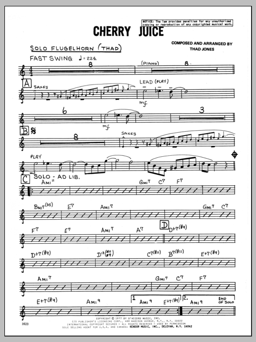 Learn to play Thad Jones Cherry Juice - Flugelhorn Solo sheet music for Jazz Ensemble in minutes. Thad Jones Cherry Juice - Flugelhorn Solo sheet music preview music notes and score for Jazz Ensemble including 2 page(s)