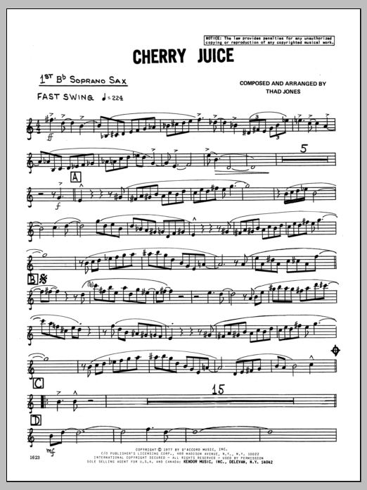 Learn to play Thad Jones Cherry Juice - Soprano Sax (1st Part) sheet music for Jazz Ensemble in minutes. Thad Jones Cherry Juice - Soprano Sax (1st Part) sheet music preview music notes and score for Jazz Ensemble including 4 page(s)