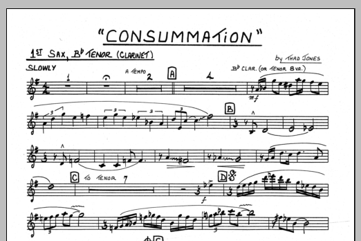 Learn to play Thad Jones Consummation - 1st Bb Tenor Saxophone sheet music for Jazz Ensemble in minutes. Thad Jones Consummation - 1st Bb Tenor Saxophone sheet music preview music notes and score for Jazz Ensemble including 1 page(s)