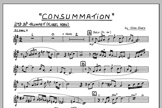 Learn to play Thad Jones Consummation - 2nd Bb Trumpet sheet music for Jazz Ensemble in minutes. Thad Jones Consummation - 2nd Bb Trumpet sheet music preview music notes and score for Jazz Ensemble including 1 page(s)