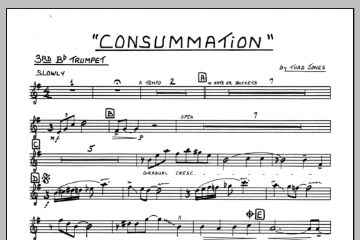 Learn to play Thad Jones Consummation - 3rd Bb Trumpet sheet music for Jazz Ensemble in minutes. Thad Jones Consummation - 3rd Bb Trumpet sheet music preview music notes and score for Jazz Ensemble including 1 page(s)