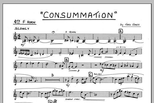 Learn to play Thad Jones Consummation - 4th F Horn sheet music for Jazz Ensemble in minutes. Thad Jones Consummation - 4th F Horn sheet music preview music notes and score for Jazz Ensemble including 1 page(s)