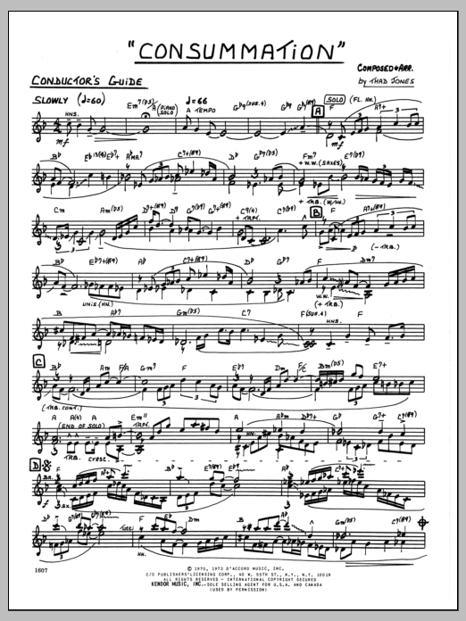 Learn to play Thad Jones Consummation - Conductor sheet music for Jazz Ensemble in minutes. Thad Jones Consummation - Conductor sheet music preview music notes and score for Jazz Ensemble including 2 page(s)