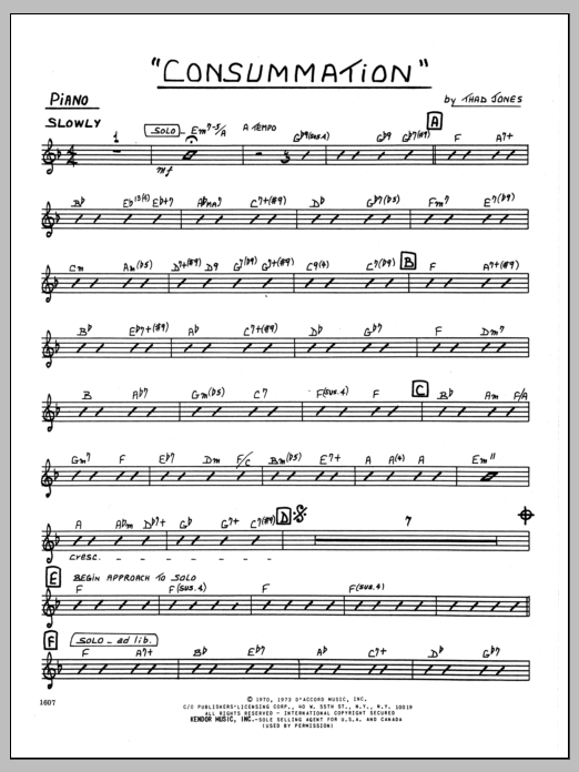 Learn to play Thad Jones Consummation - Piano sheet music for Jazz Ensemble in minutes. Thad Jones Consummation - Piano sheet music preview music notes and score for Jazz Ensemble including 2 page(s)