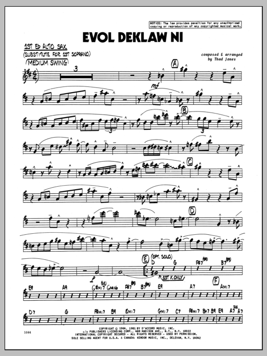 Learn to play Thad Jones Evol Deklaw Ni - 1st Eb Alto Saxophone sheet music for Jazz Ensemble in minutes. Thad Jones Evol Deklaw Ni - 1st Eb Alto Saxophone sheet music preview music notes and score for Jazz Ensemble including 4 page(s)