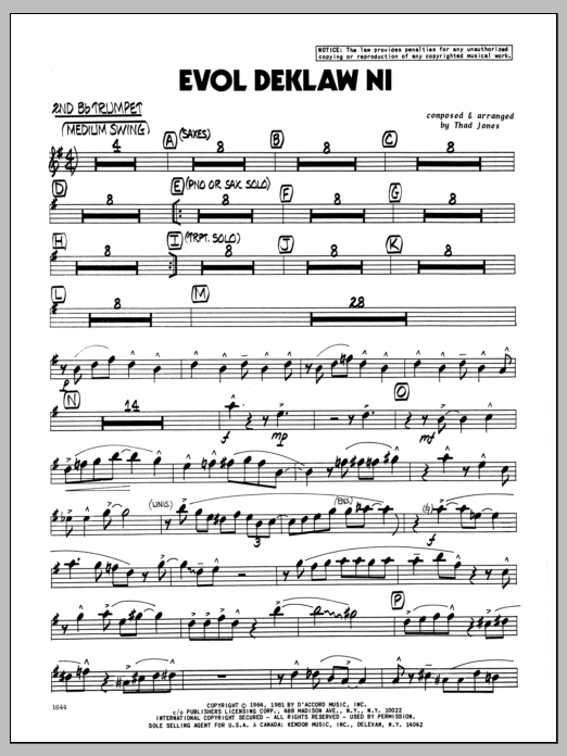 Learn to play Thad Jones Evol Deklaw Ni - 2nd Bb Trumpet sheet music for Jazz Ensemble in minutes. Thad Jones Evol Deklaw Ni - 2nd Bb Trumpet sheet music preview music notes and score for Jazz Ensemble including 2 page(s)