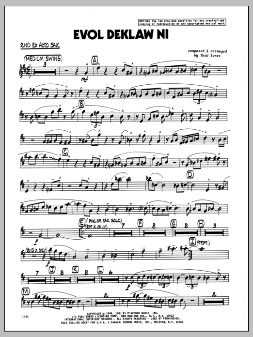 Learn to play Thad Jones Evol Deklaw Ni - 2nd Eb Alto Saxophone sheet music for Jazz Ensemble in minutes. Thad Jones Evol Deklaw Ni - 2nd Eb Alto Saxophone sheet music preview music notes and score for Jazz Ensemble including 3 page(s)