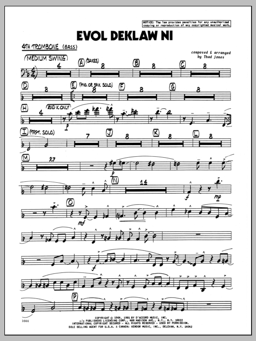 Learn to play Thad Jones Evol Deklaw Ni - 4th Trombone sheet music for Jazz Ensemble in minutes. Thad Jones Evol Deklaw Ni - 4th Trombone sheet music preview music notes and score for Jazz Ensemble including 2 page(s)
