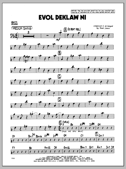 Learn to play Thad Jones Evol Deklaw Ni - Bass sheet music for Jazz Ensemble in minutes. Thad Jones Evol Deklaw Ni - Bass sheet music preview music notes and score for Jazz Ensemble including 4 page(s)