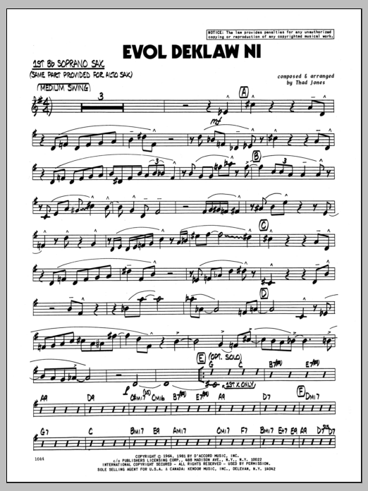 Learn to play Thad Jones Evol Deklaw Ni - Bb Soprano Sax sheet music for Jazz Ensemble in minutes. Thad Jones Evol Deklaw Ni - Bb Soprano Sax sheet music preview music notes and score for Jazz Ensemble including 4 page(s)