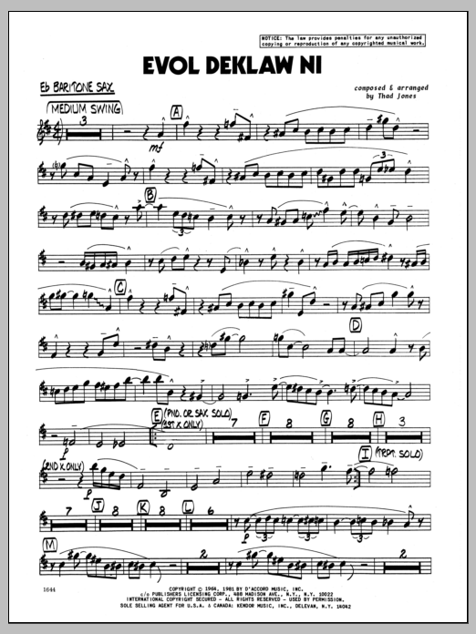 Learn to play Thad Jones Evol Deklaw Ni - Eb Baritone Sax sheet music for Jazz Ensemble in minutes. Thad Jones Evol Deklaw Ni - Eb Baritone Sax sheet music preview music notes and score for Jazz Ensemble including 3 page(s)