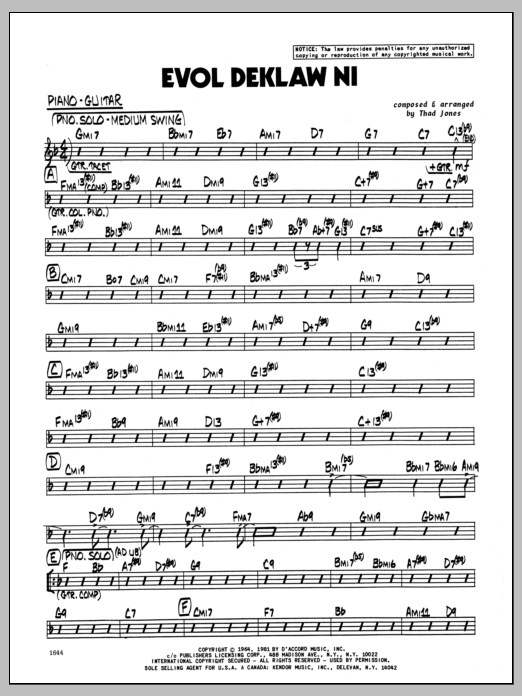 Learn to play Thad Jones Evol Deklaw Ni - Piano sheet music for Jazz Ensemble in minutes. Thad Jones Evol Deklaw Ni - Piano sheet music preview music notes and score for Jazz Ensemble including 4 page(s)