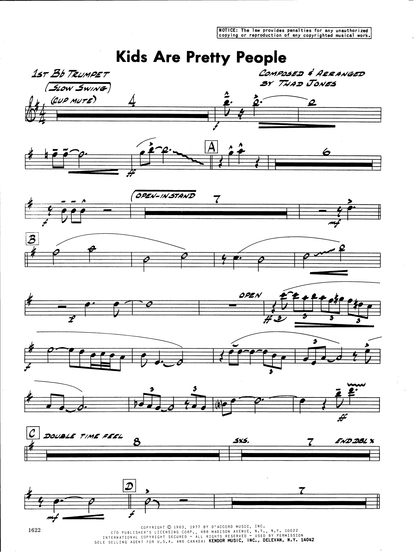 Learn to play Thad Jones Kids Are Pretty People - 1st Bb Trumpet sheet music for Jazz Ensemble in minutes. Thad Jones Kids Are Pretty People - 1st Bb Trumpet sheet music preview music notes and score for Jazz Ensemble including 2 page(s)