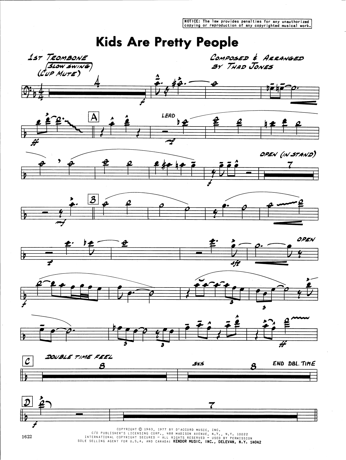 Learn to play Thad Jones Kids Are Pretty People - 1st Trombone sheet music for Jazz Ensemble in minutes. Thad Jones Kids Are Pretty People - 1st Trombone sheet music preview music notes and score for Jazz Ensemble including 2 page(s)